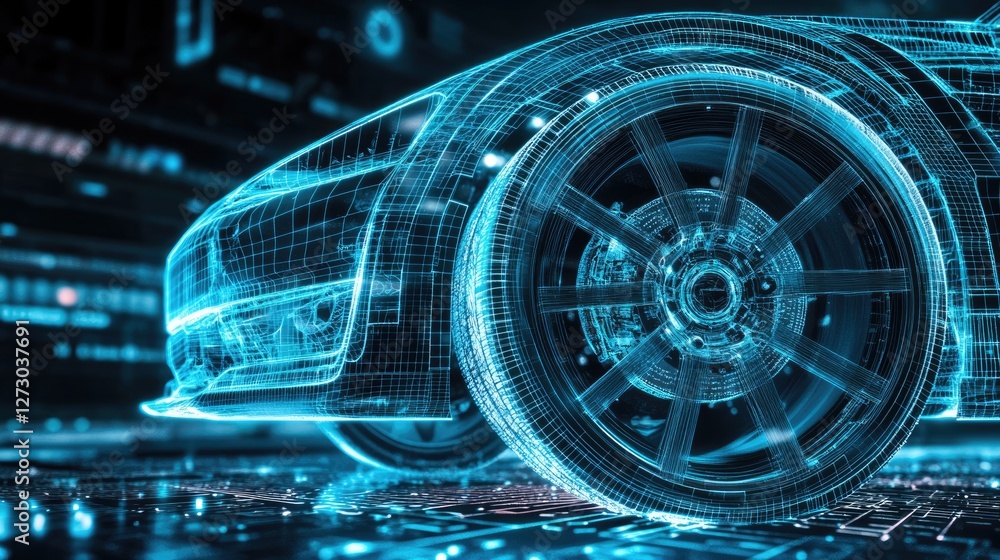Poster a modern automotive blueprint with a holographic projection of a wireframe tire and other parts, sym