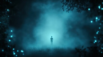 Fototapeta premium Whimsical silhouette against glowing bioluminescent forest ethereal scene enchanted atmosphere nighttime mystical concept