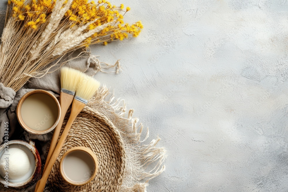 Poster artistic paintbrushes with beige paint in rustic bowls and wheat bouquet on textured background for 