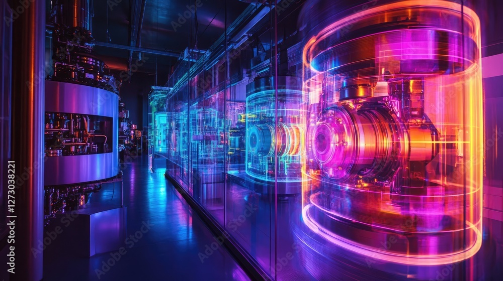 Poster A modern factory illuminated by vibrant holographic projections of a rotating engine, representing the latest advancements in technology and engineering.