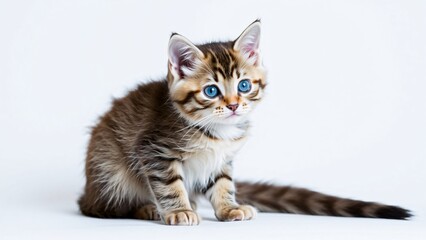 Obraz premium Adorable Tabby Kitten with Striking Blue Eyes on White Background