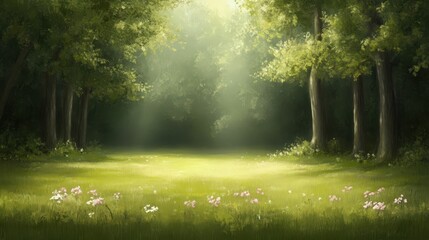 Obraz premium Tranquil wildflower meadow illuminated by dappled light surrounded by tall trees nature scene lush environment serene view