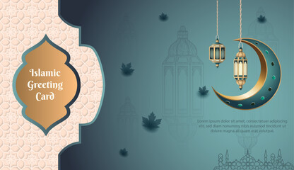 islamic greeting card template with islamic ornament, lanterns, and crescent moon
