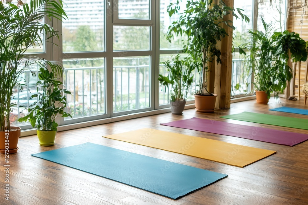 Aufkleber serene yoga studio interior with colorful mats and lush green plants creating a calm and inviting at