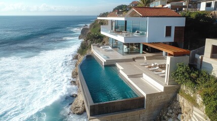 Fototapeta premium A modern, luxury home by the ocean with an infinity pool, overlooking the crashing waves of the surf and offering stunning coastal views.