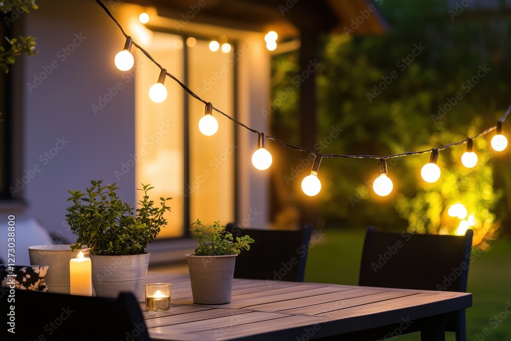 Fototapete enchanting evening ambiance with string lights illuminating a patio table adorned with plants and ca