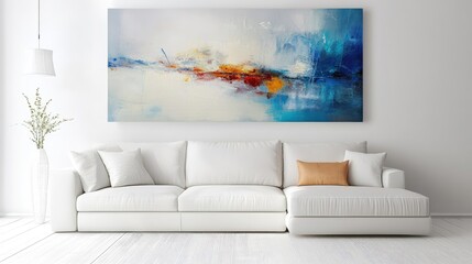 A modern minimalist living room with a white sofa and abstract art, creating a serene and artistic space that feels both elegant and inviting.