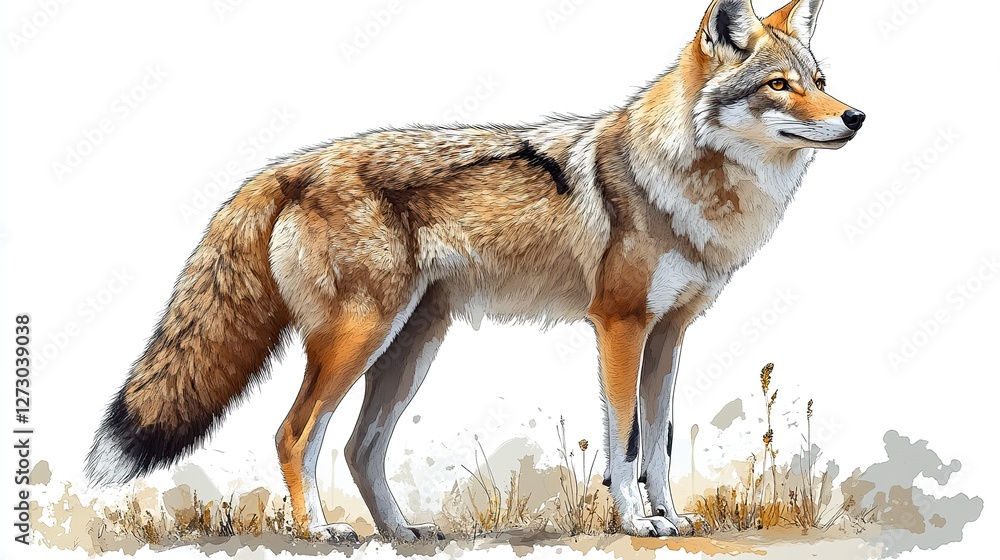 Poster realistic png of a coyote standing alert with transparent background for easy integration into desig