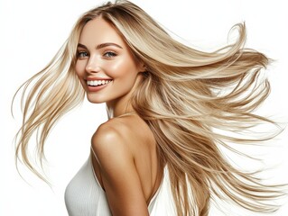 Portrait of a smiling beautiful blonde woman with long hair isolated on white background