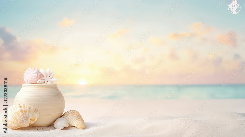 Poster a serene beach scene featuring a decorative pot with seashells and softly colored clouds at sunset.