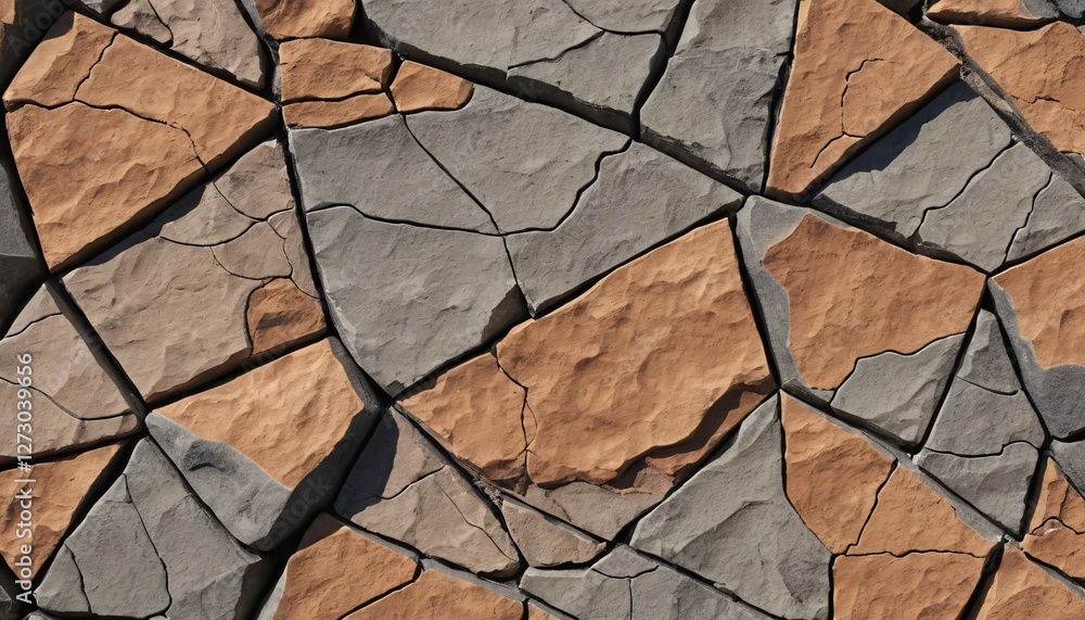 Poster Rugged Stone Texture. Natural Rock Surface with Beige and Gray Tones. Mosaic-Like Design. Cracks and Crevices Add Depth. Earthy Palette for Backgrounds and Design Elements.