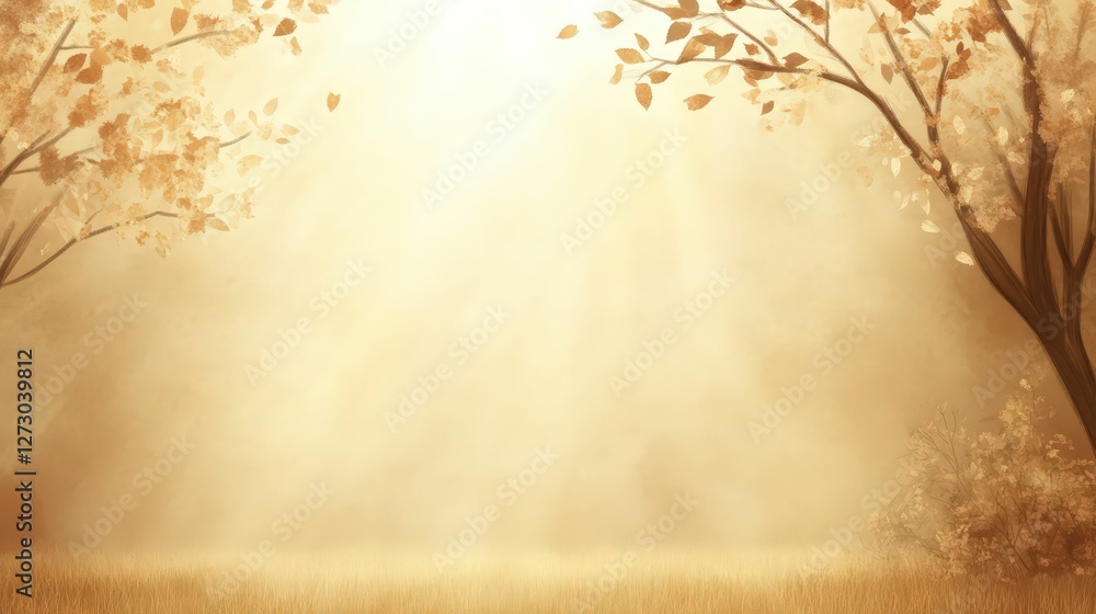 Aufkleber a serene autumn scene with golden light filtering through trees, creating a warm and tranquil atmosp