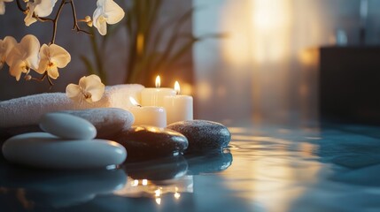 A peaceful spa setting with candles, stones, and a calm ambiance, creating the ideal atmosphere for relaxation and rejuvenation