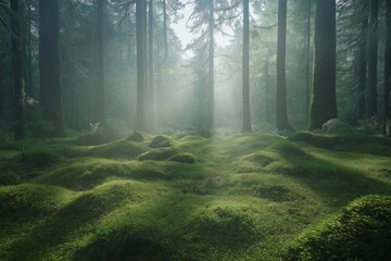 Obraz premium Enchanting green forest with mist rising among tall trees, creating a magical and serene atmosphere.