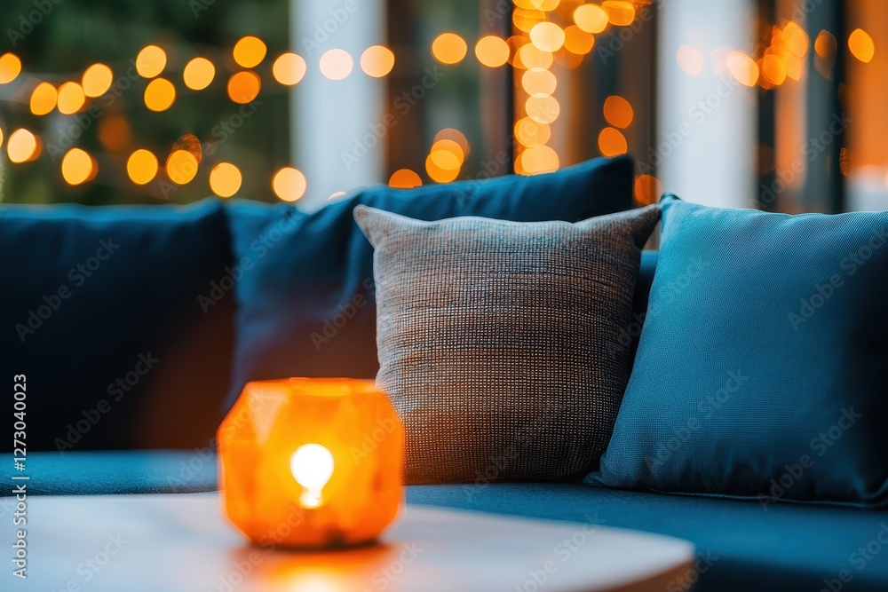 Poster cozy evening ambiance with soft blue cushions glowing candle and blurred lights creating a warm and 