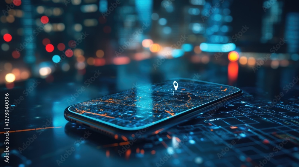 Poster a phone showing the gps location on a city map at night, with the urban skyline glowing in the backg