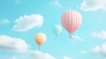 Obraz premium Three colorful hot air balloons float gently against a bright blue sky with fluffy clouds, creating a serene and whimsical scene.