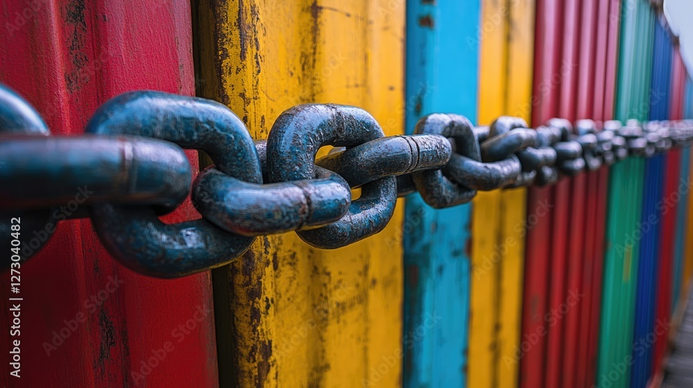 Poster A powerful visual of a chain blocking colorful cargo containers, symbolizing disruptions in global trade and the impact of economic sanctions and trade wars.