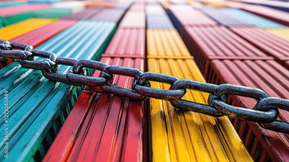 Poster A powerful visual of a chain blocking colorful cargo containers, symbolizing disruptions in global trade and the impact of economic sanctions and trade wars.