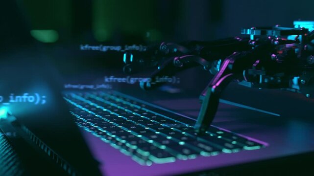 Robot hand working and typing on pc keyboard with AI Technology. Artificial intelligence mechanical arm with computer. Futuristic high-tech innovation concept