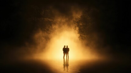 A silhouette of a couple standing in a misty, illuminated setting, surrounded by darkness and a warm glow.