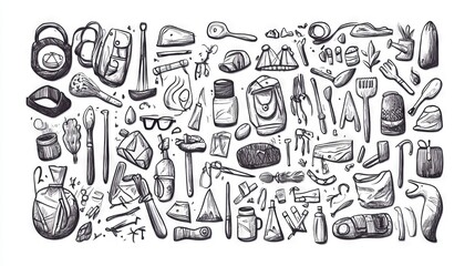 Obraz premium Adventure travel doodles, camping tools collection, casual line illustrations, dual color palette, sketchy outdoor equipment, spontaneous drawing style, clean composition
