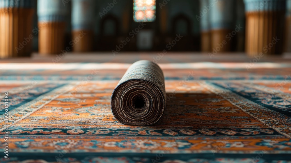 Poster a rolled prayer rug lying on a patterned carpet inside a mosque, capturing the tranquility and spiri