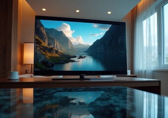 Fototapeta premium Modern living room featuring a scenic mountain landscape on TV