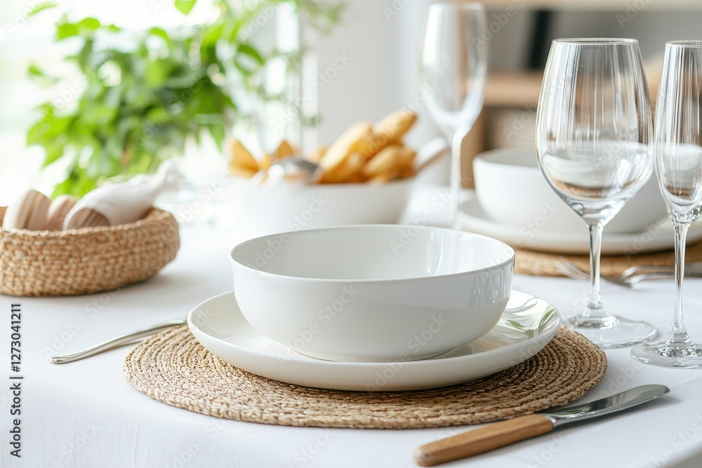 Poster Elegant table setting with white dishes and natural accents creating a bright and inviting atmosphere for a meal