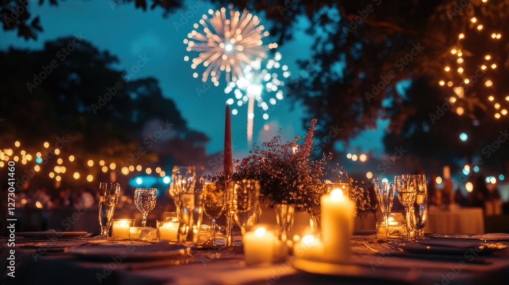 Poster a romantic evening set up with glowing candles on a table, and a stunning fireworks display lighting