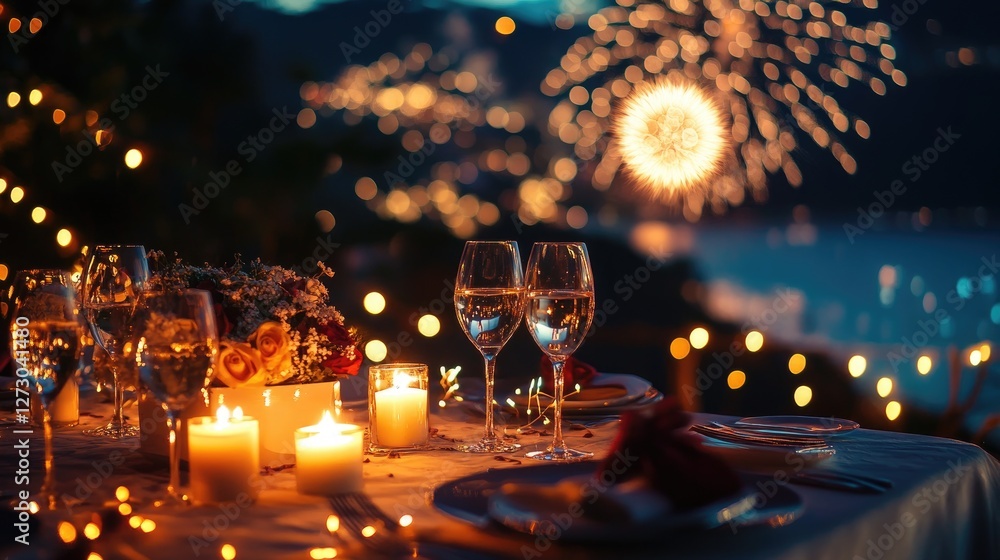 Poster a romantic evening set up with glowing candles on a table, and a stunning fireworks display lighting