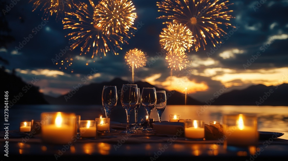 Poster a romantic evening set up with glowing candles on a table, and a stunning fireworks display lighting