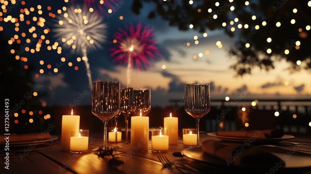 Poster a romantic evening set up with glowing candles on a table, and a stunning fireworks display lighting