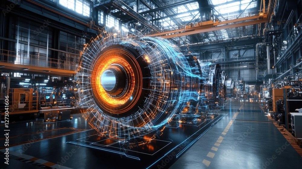 Poster A rotating engine projected holographically in a modern factory, with vibrant colors illuminating the space and showcasing advanced technology and engineering.