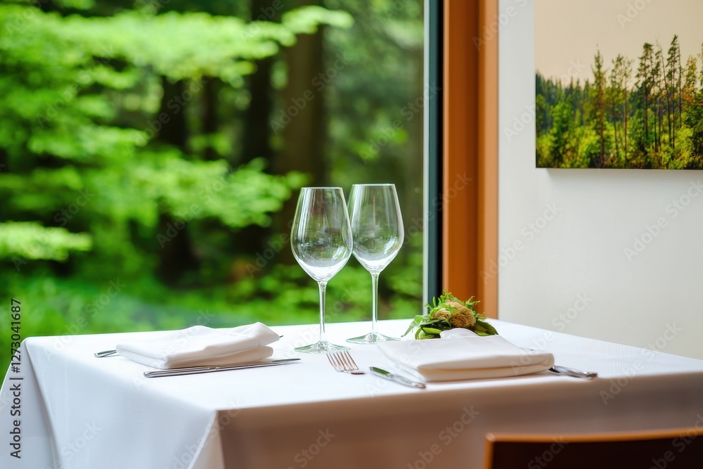 Aufkleber Elegant dining table setting with wine glasses and forest view offering a serene and inviting atmosphere for a memorable meal experience in nature