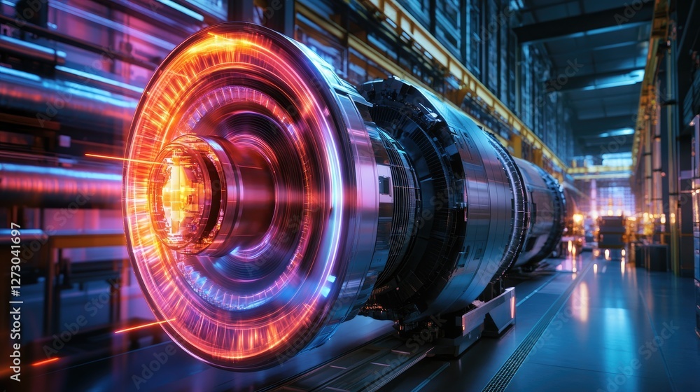 Poster A rotating engine projected holographically in a modern factory, with vibrant colors illuminating the space and showcasing advanced technology and engineering.