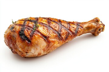 Juicy grilled chicken leg with a crispy exterior and grilling marks, garnished with fresh thyme.