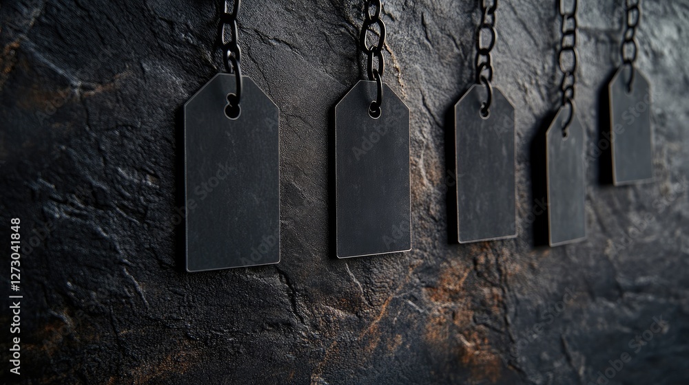 Poster a row of blank black square tags hanging on a chain, set against a textured dark stone background, c