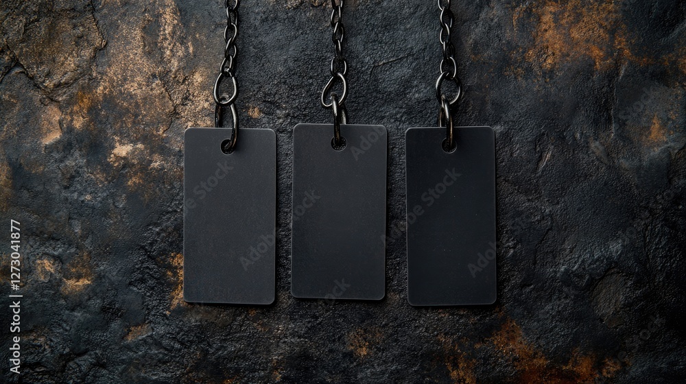 Poster a row of blank black square tags hanging on a chain, set against a textured dark stone background, c