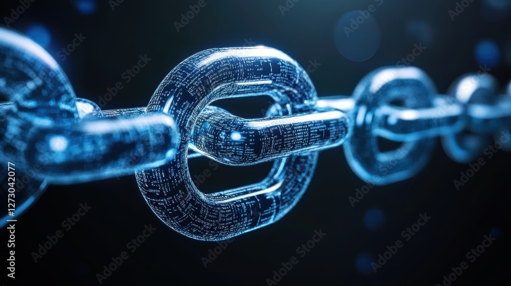 Poster blockchain technology concept with digital chain links visualizing data connectivity