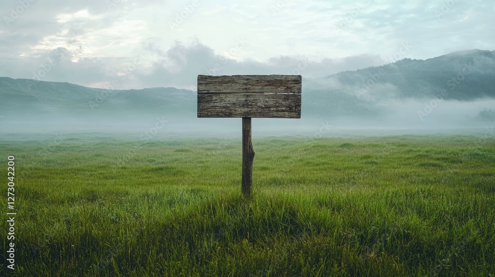 Poster a rustic wooden signboard stands empty on a vast green field, with misty mountains and a serene sky 