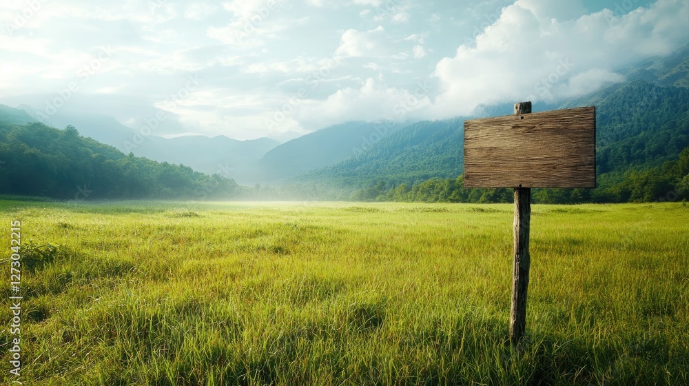 Aufkleber a rustic wooden signboard stands empty on a vast green field, with misty mountains and a serene sky 