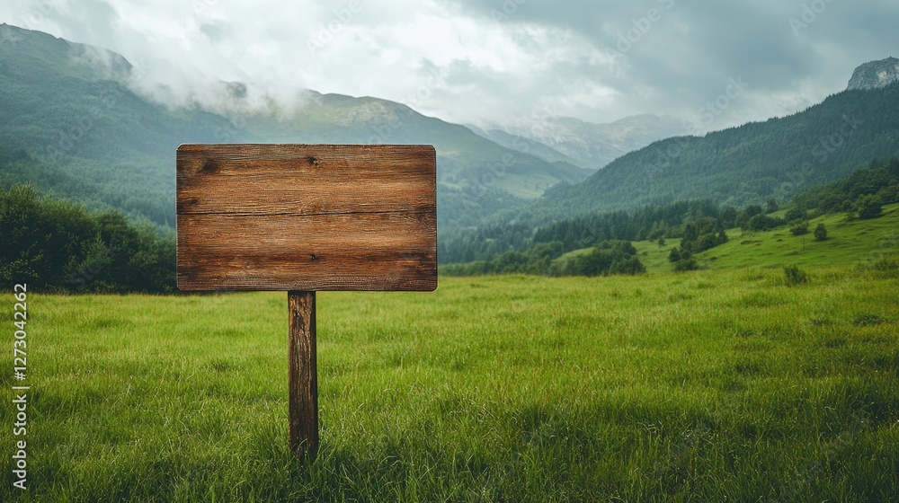 Poster a rustic wooden signboard stands empty on a vast green field, with misty mountains and a serene sky 
