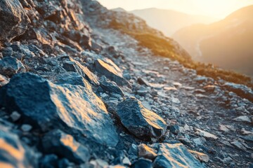 A close-up view of rugged terrain featuring glistening rocks at sunset, creating a tranquil and inviting atmosphere.