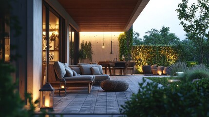 Fototapeta premium Serene Evening on a Modern Patio: A Luxurious Outdoor Living Space