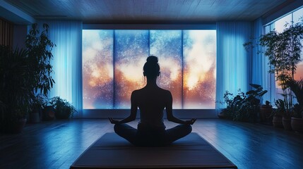 A serene AI-powered meditation room glowing with calming holograms 