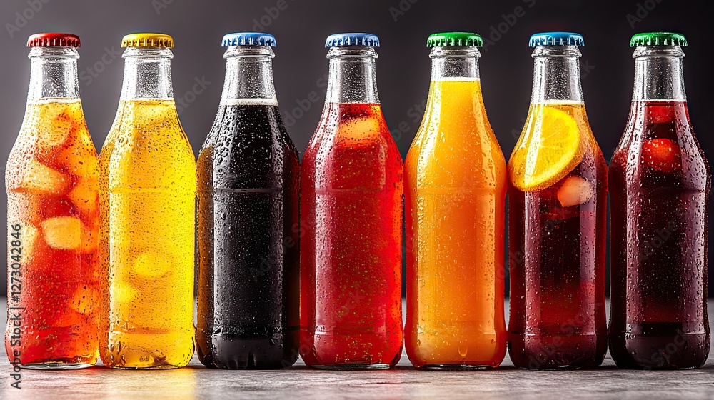 Poster refreshing assortment of soft drinks png on transparent background featuring varied colorful beverag