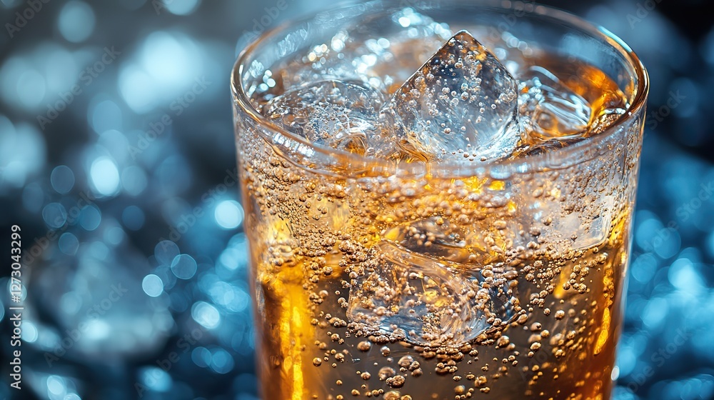 Poster refreshing soft drink in transparent png format with bubbles and ice cubes perfect for beverage adve