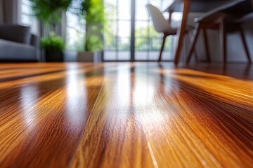 Fototapeta premium Close-up view of polished wooden floor reflecting light in a modern, bright living space.