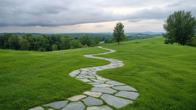 Curved walkway across verdant grassland, irregular flagstone pattern, gentle slopes, distant treeline, overcast sky, pastoral scenery, high-end landscape photography